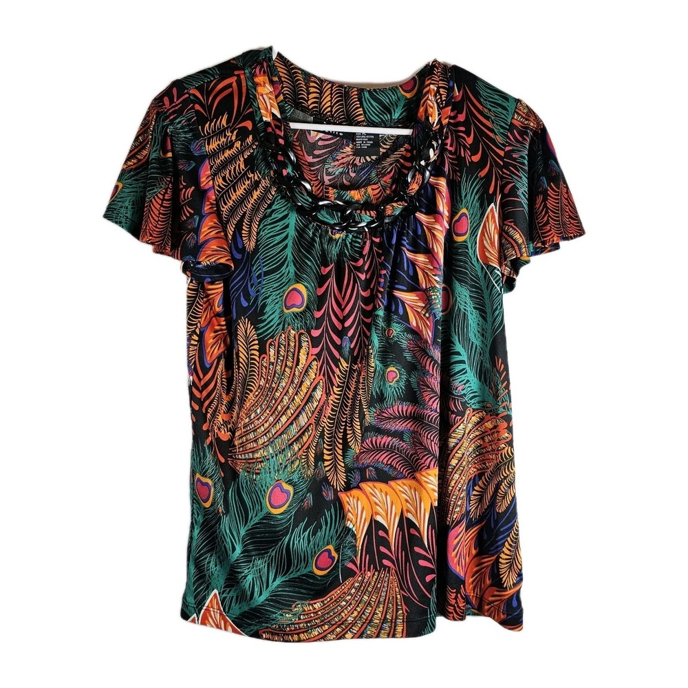 RQT Women's Top Large Petite Beaded Neck Peacock Print Knit Stretch Blouse EUC